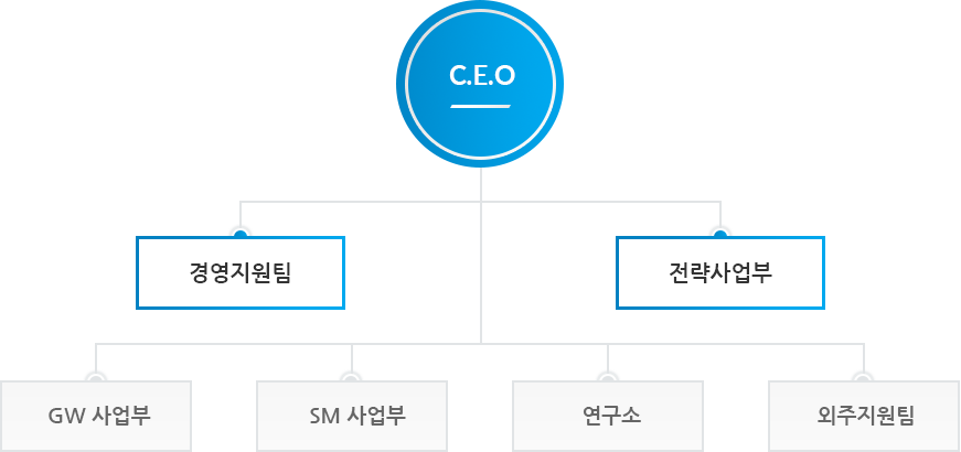 C.E.O - 경영지원팀 - 전략사업부 - GW 사업부 - SM 사업부 - 연구소 - 외주지원팀